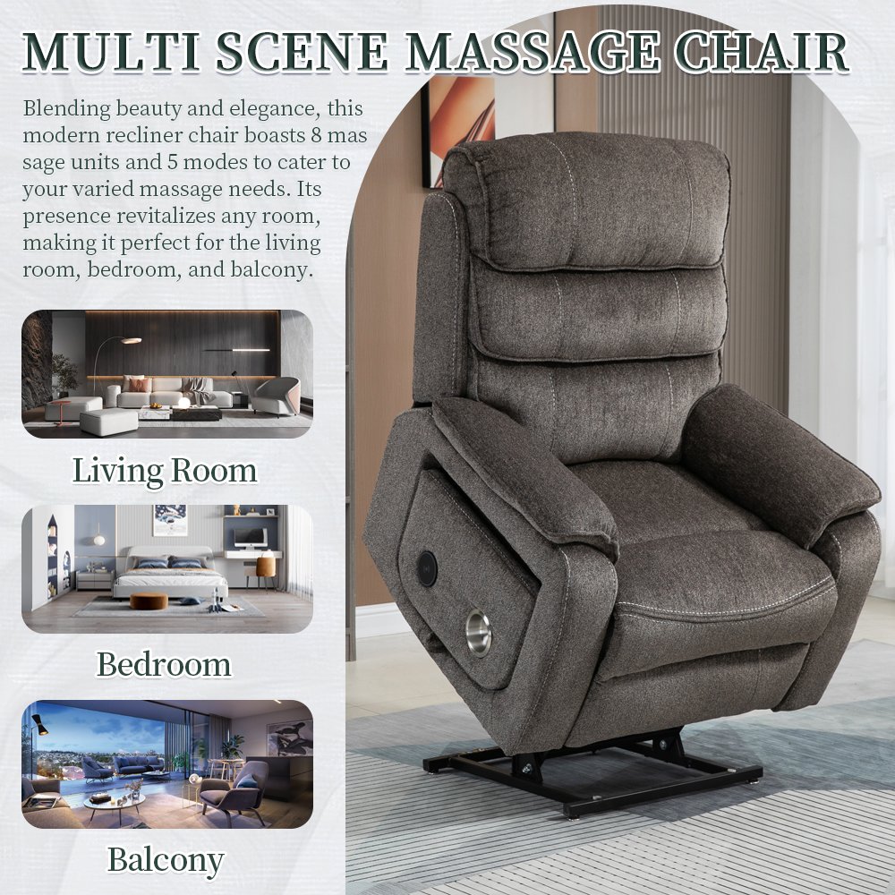 Dual OKIN Motor Chenille Recliner Chair with Massage, Heating, Wireless Charging and Cup Holder - Grey - Image 10