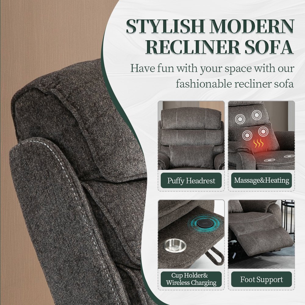 Dual OKIN Motor Chenille Recliner Chair with Massage, Heating, Wireless Charging and Cup Holder - Grey - Image 9