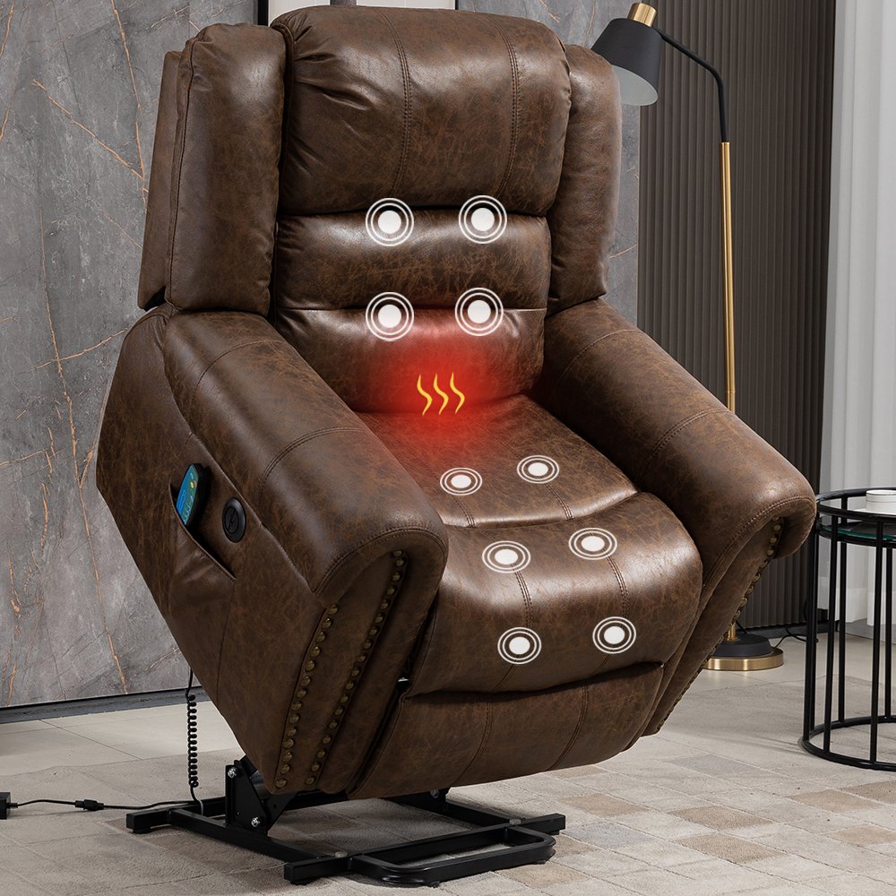 Deluxe Faux Leather Power Lift Recliner Sofa Chair with Massage, Heating and Nailhead Trim - Antique Brown