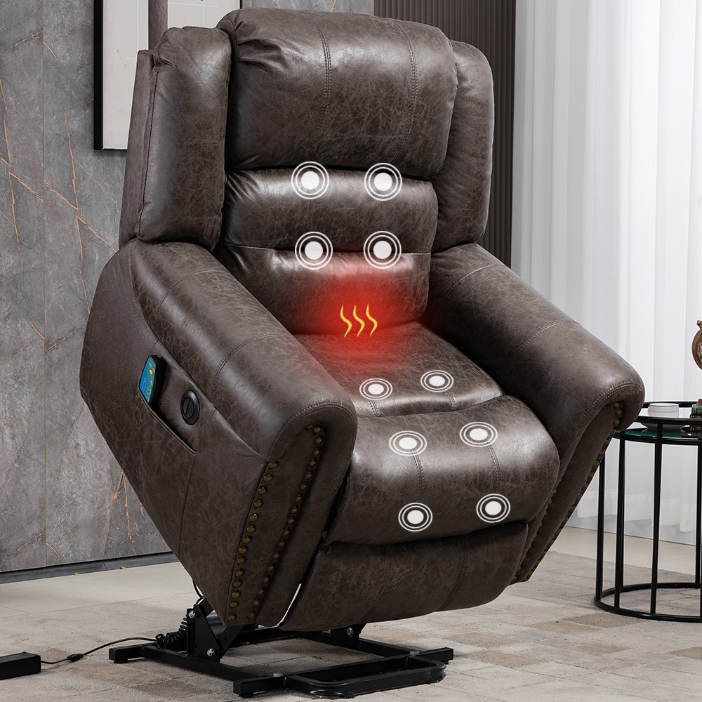 Deluxe Faux Leather Power Lift Recliner Sofa Chair with Massage, Heating and Nailhead Trim - Antique Brown - Image 2
