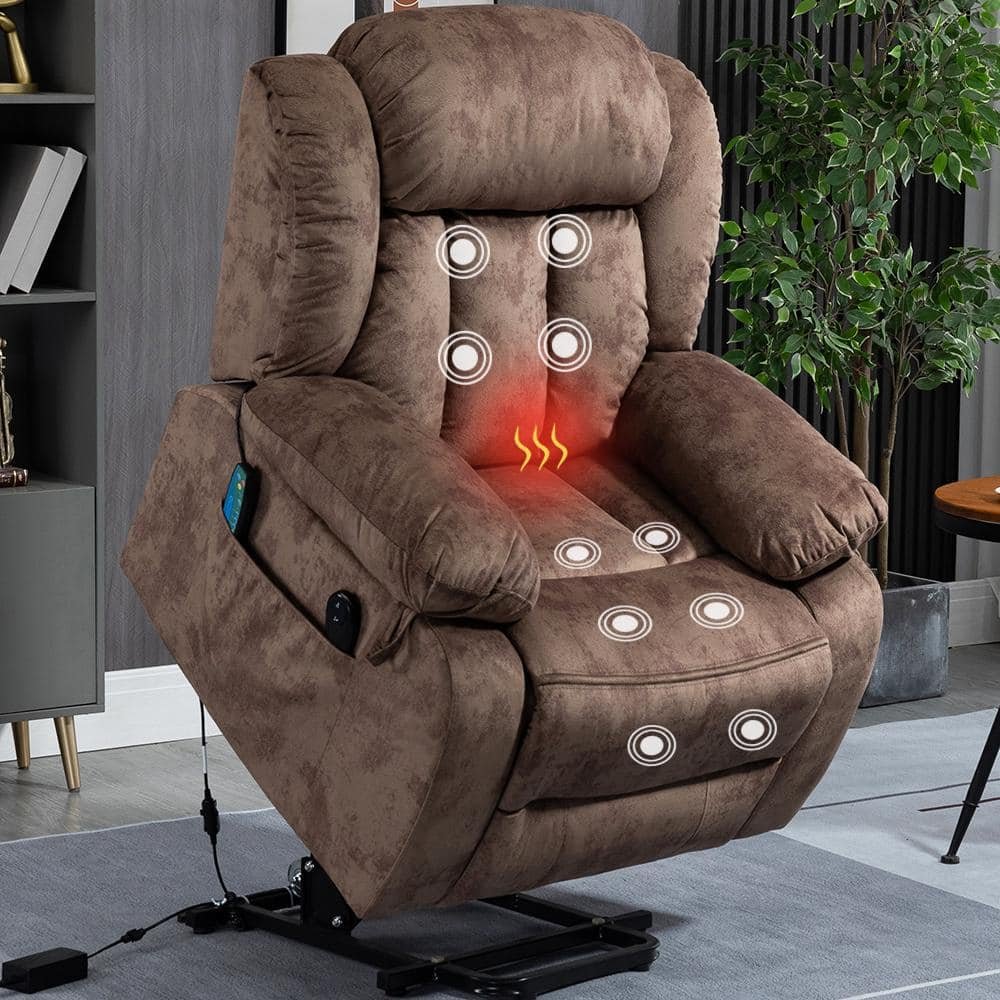 Premium Massive Velvet Recliners Lift Sofa Chair (Up to 340 lbs.) with Massage,Heating and Assisted Standing -Brown - Image 2
