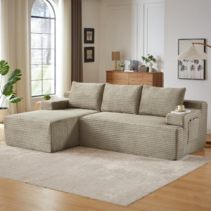 96" Cloud Sectional Sofa, Deep Seat Corduroy Couch for Living Room, No Assembly Required, Compressed Sofa with Sponge & Pocket Spring Support, Soft Cushioned Seating for Family Lounging