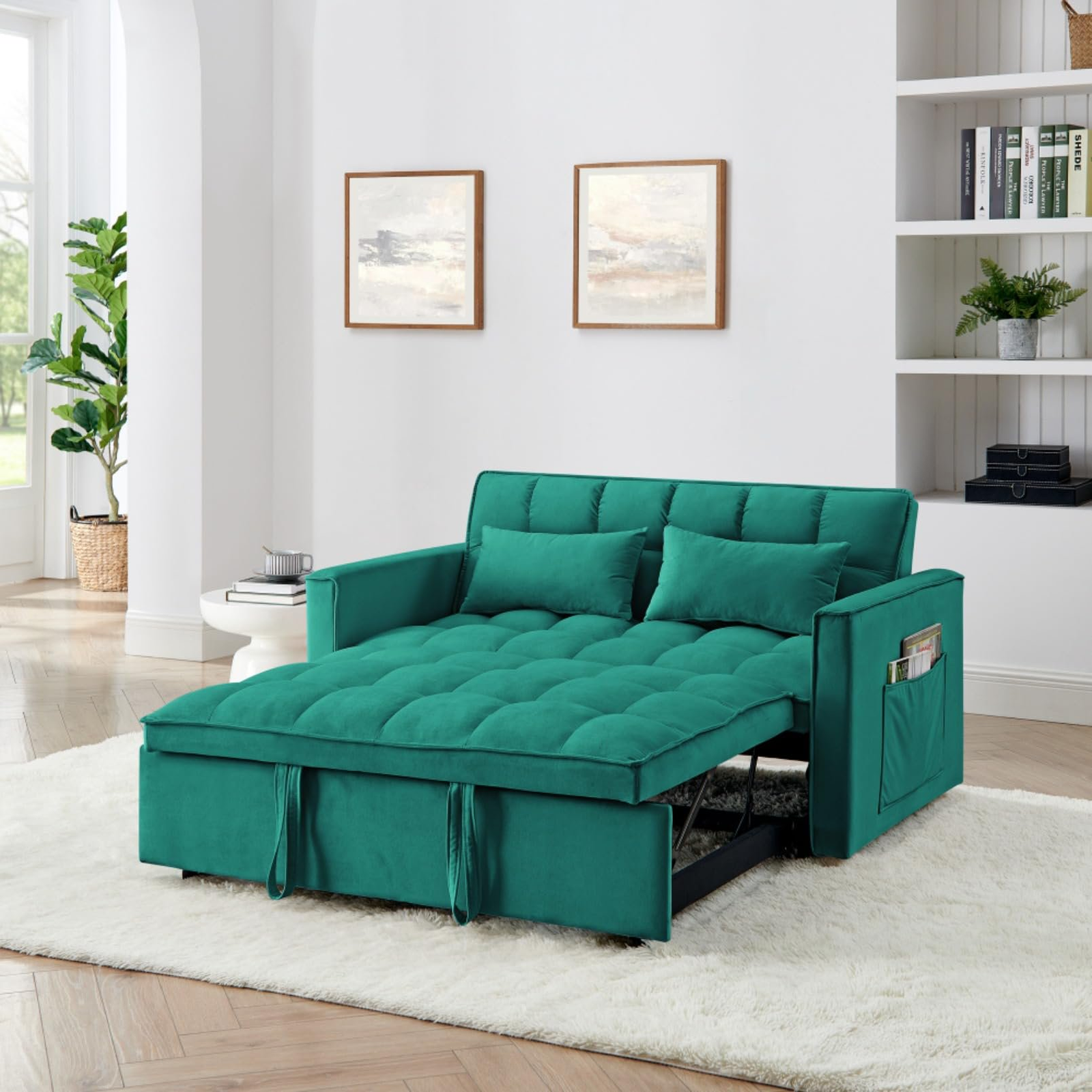 Convertible Sofa Bed, Velvet Sleeper Sofa with Adjustable Backrest, 3-Second Foldable Pull Out Couch, Tufted Modern Sofa Bed for Small Spaces, Living Room & Guest Room, Green