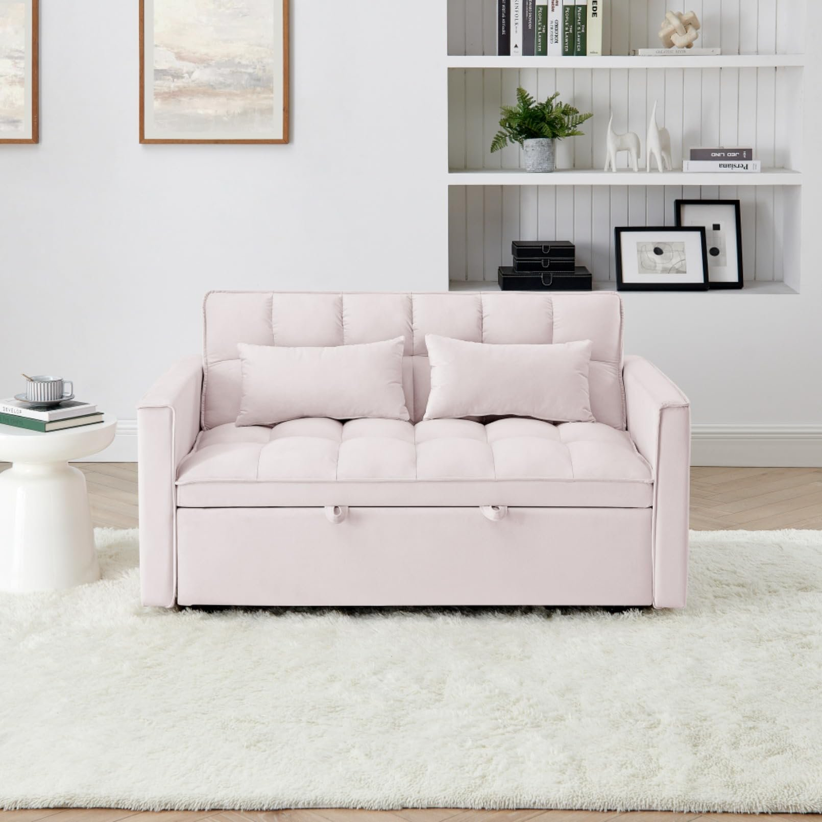 Convertible Sofa Bed, Velvet Sleeper Sofa with Adjustable Backrest, 3-Second Foldable Pull Out Couch, Tufted Modern Sofa Bed for Small Spaces, Living Room & Guest Room, Pink