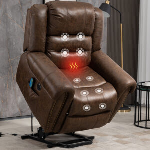 Deluxe Faux Leather Power Lift Recliner Sofa Chair with Massage, Heating and Nailhead Trim - Antique Brown