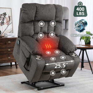 Grey Chenille Recliner Platinum Big and Tall Dual Motor Power Lift Chair with Massage, Heating and 2-Cup Holder
